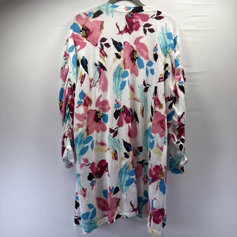 Chicos Women's‎ Cardigan Open Size XL Colorful Floral Ruched Sleeves Knit Light - Picture 2 of 8